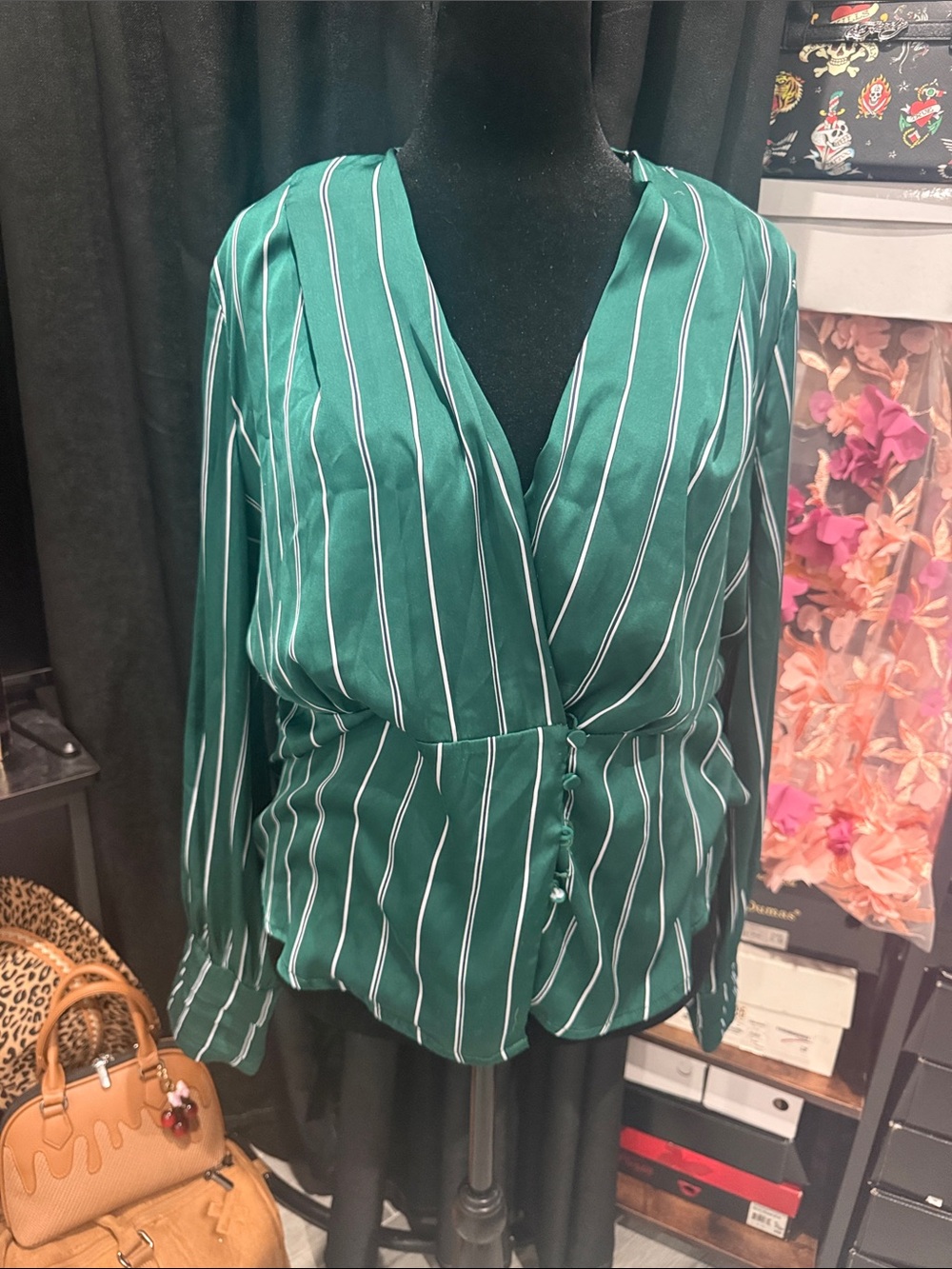 Fashion Nova Green and White Striped Wrap Blouse